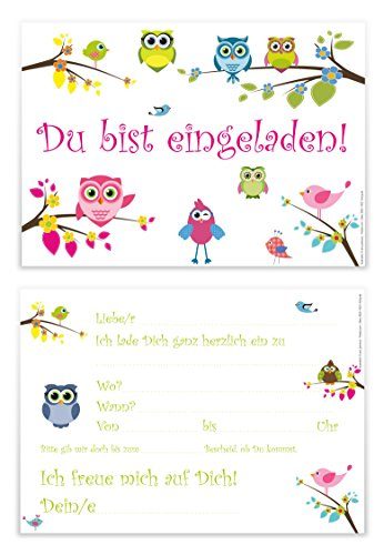 12 lustige und fröhliche Einladungskarten zum Kindergeburtstag "Eulen